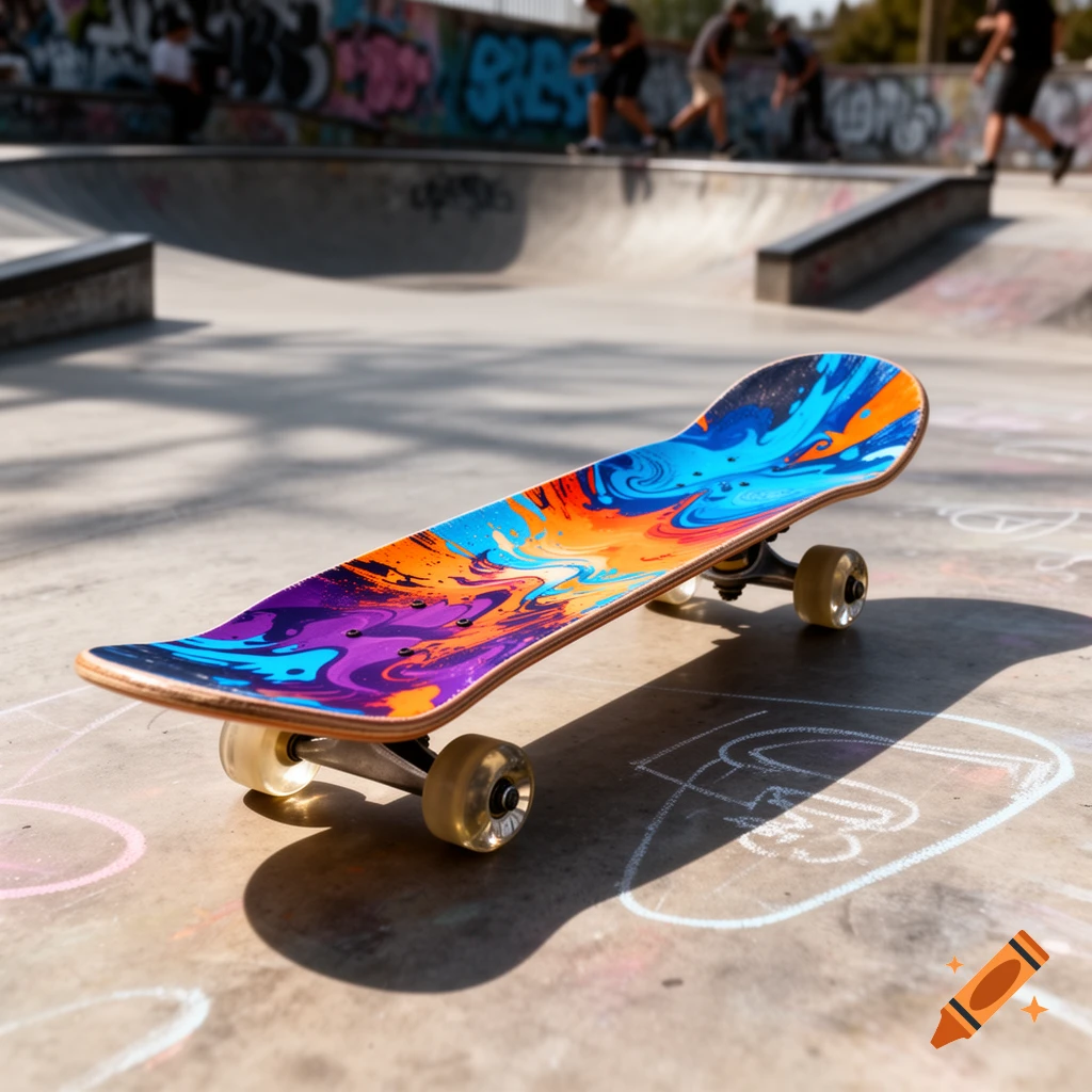A colorful skateboard with abstract blue, orange, and purple designs lies on the concrete ground of a sunny skatepark.