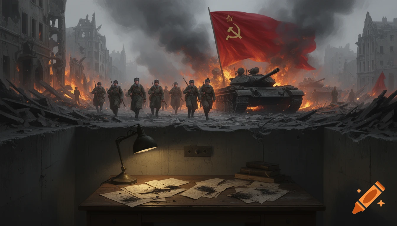 Digital painting of a bunker desk below a burning WWII Berlin street with Soviet soldiers, tanks, and a hammer and sickle flag.
