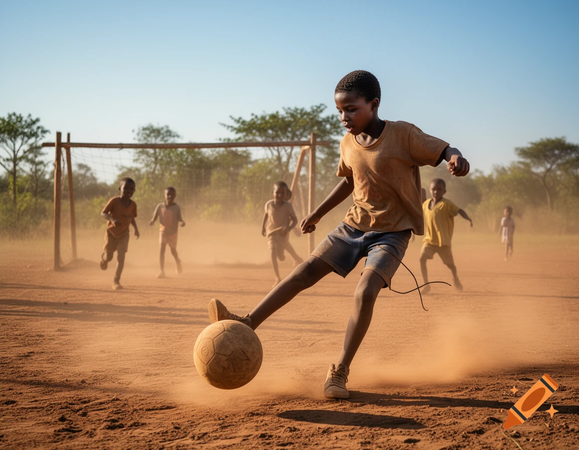 Kids play soccer on a dusty dirt field with a simple goal under a clear blue sky.