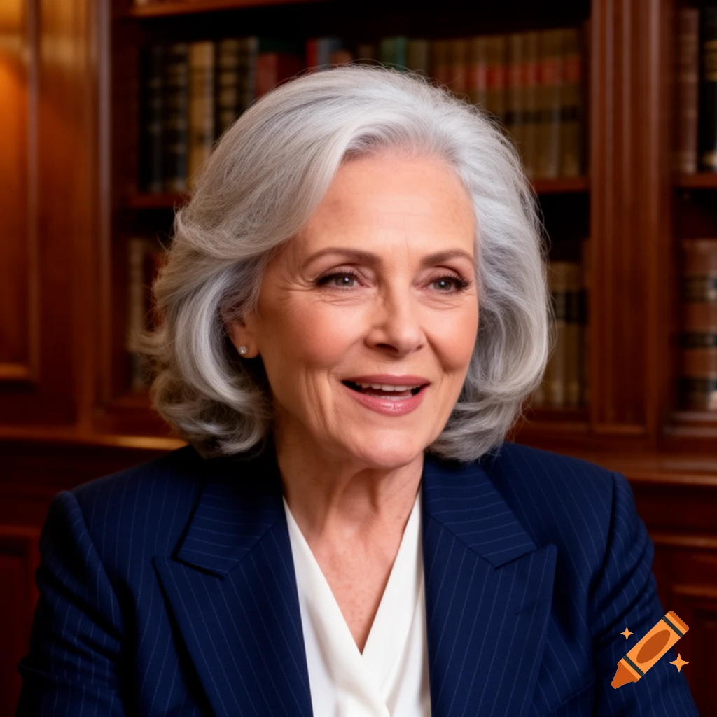 A smiling older woman with grey hair in a navy pinstriped blazer and white blouse, against a blurred library background.