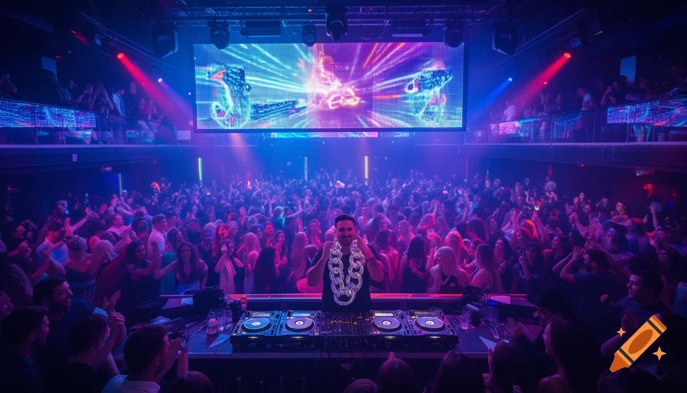 A DJ with a large chain necklace performs at a crowded nightclub with a vibrant LED screen displaying abstract visuals.