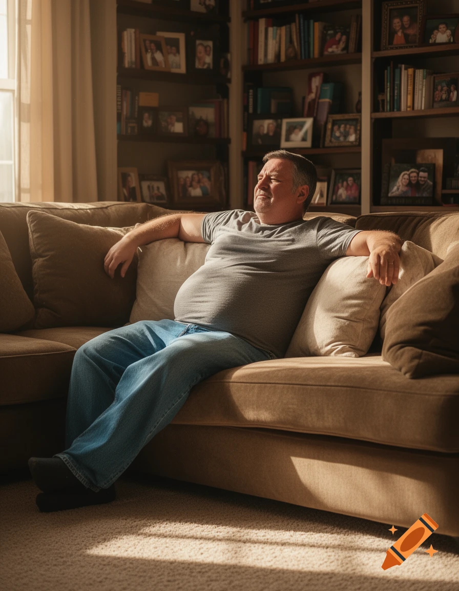 A man with a 'dad bod' relaxes on a brown couch in a sunlit living room with bookshelves in the background.