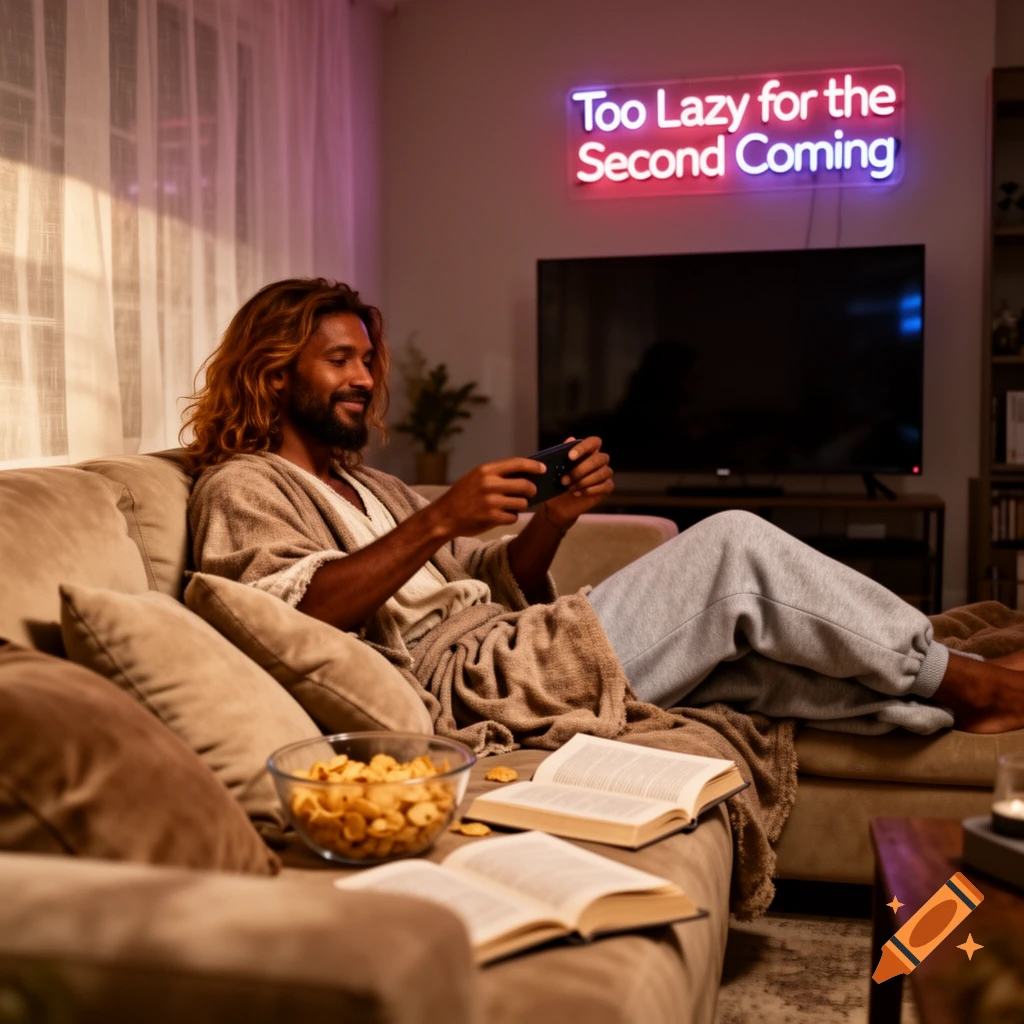 Man with long hair and beard relaxes on a couch, playing video games. A neon sign above reads "Too Lazy for the Second Coming".