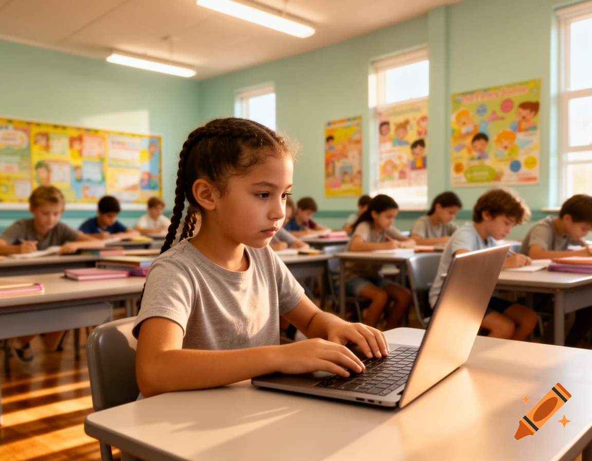 A multiracial girl with braided hair types on a laptop at a desk in a sunlit classroom, with other students visible in the background.