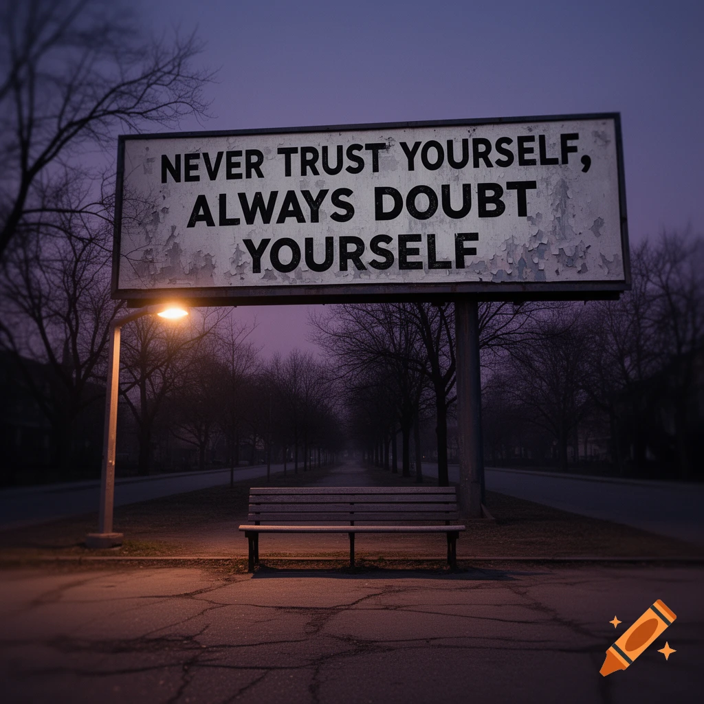 A billboard with text 'NEVER TRUST YOURSELF, ALWAYS DOUBT YOURSELF' overlooks an empty bench on a dimly lit street at dusk.