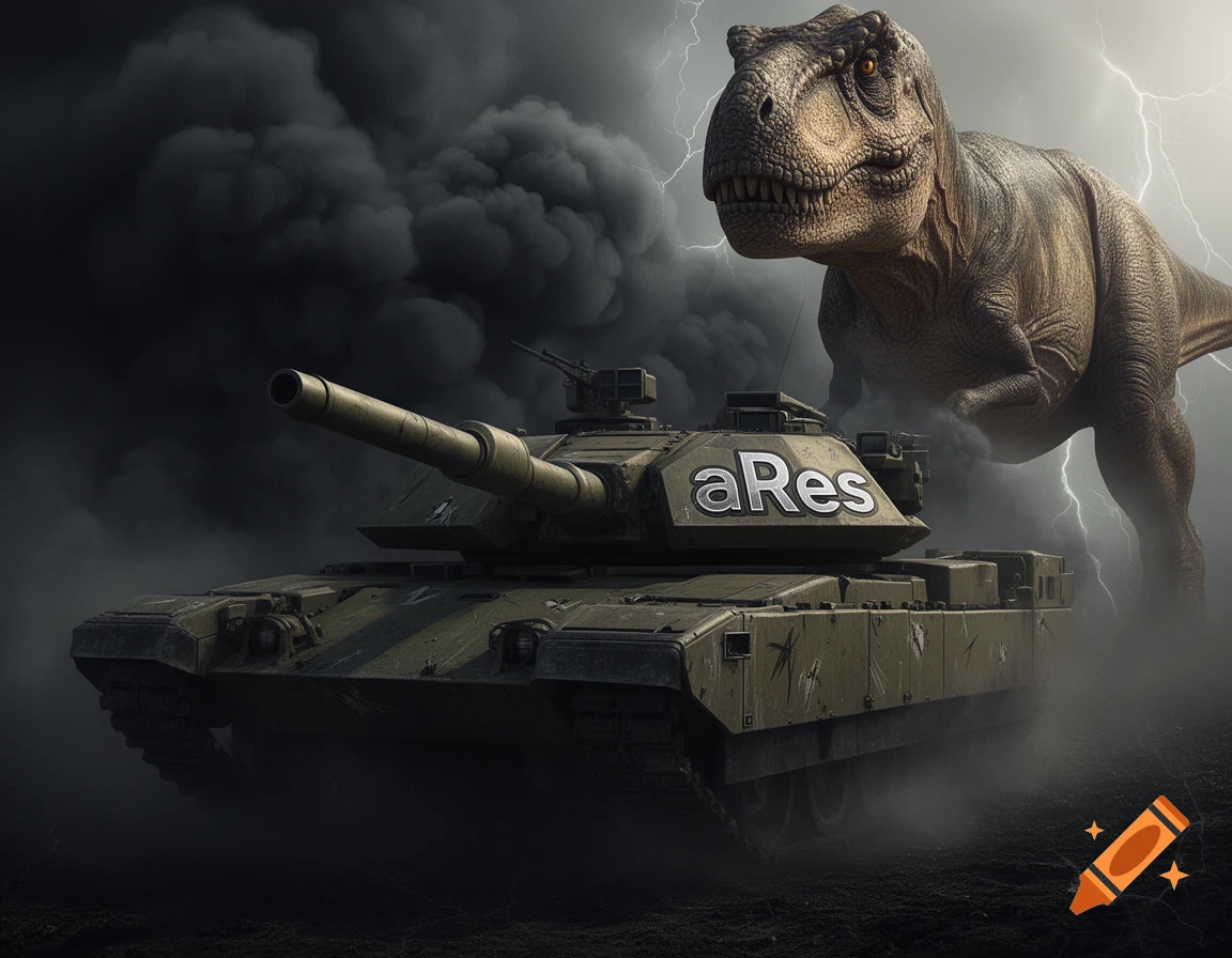 A menacing Tyrannosaurus Rex looms over a military tank with 'aRes' on its turret, amidst dark smoke and lightning.
