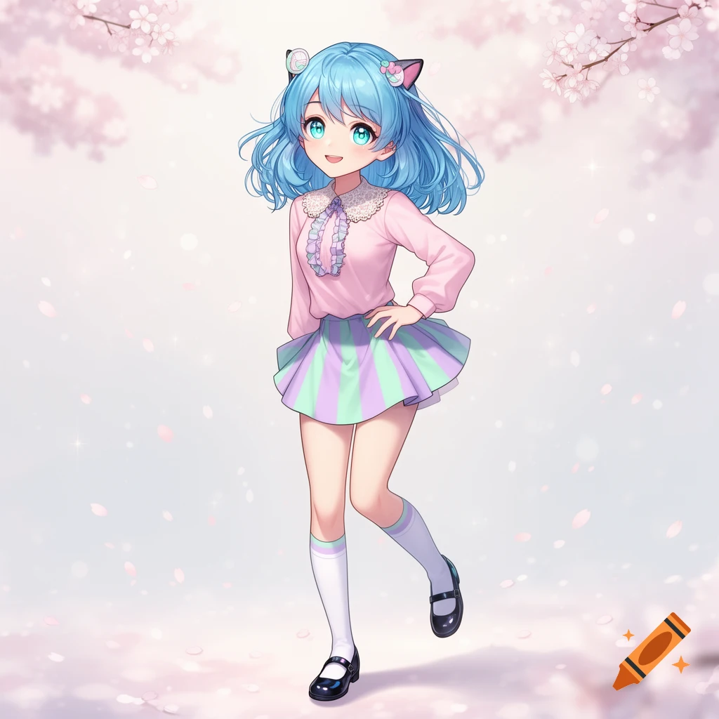 Anime girl with blue hair and cat ears, wearing a pink top and striped skirt, standing amidst pink cherry blossoms.