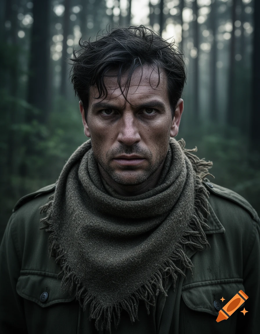 A grim-faced man with messy dark hair and a dirty face, wearing a green military jacket and a thick scarf, stares intensely from a dark forest.