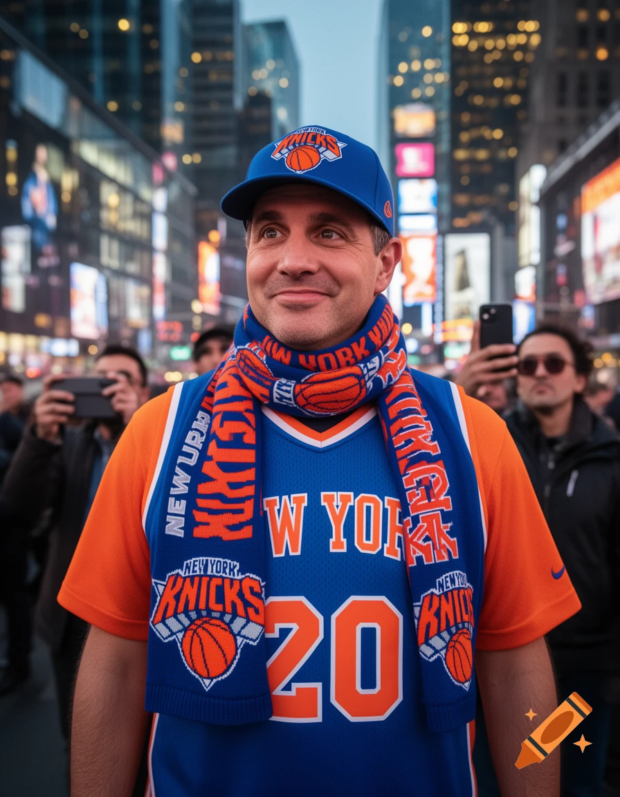 A smiling man in a blue and orange New York Knicks jersey, scarf, and cap stands in Times Square, New York City.