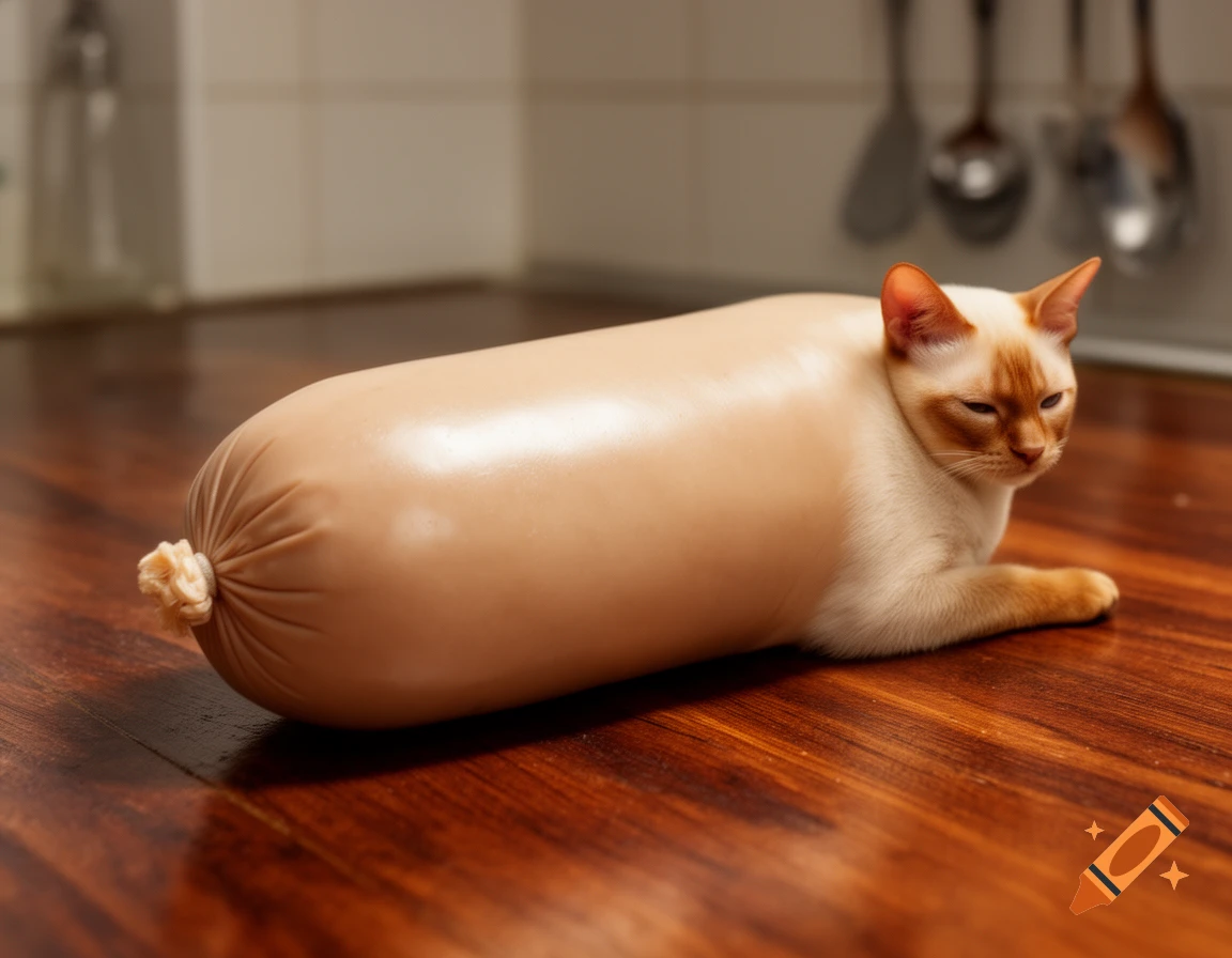 A flame point Siamese cat with its body inside a boudin blanc sausage casing rests on a wooden kitchen counter.