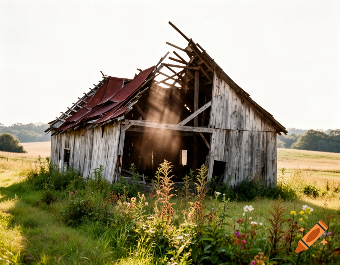 Photorealistic image of a dilapidated wooden barn with a partially collapsed red roof, surrounded by green and golden fields under a bright sky, with sun rays shining through the barn.