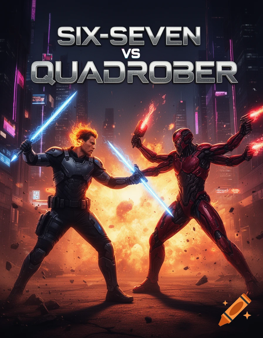 Sci-fi movie poster: A blue-sworded warrior fights a four-armed red foe in a cyberpunk city. Text: SIX-SEVEN vs QUADROBER.