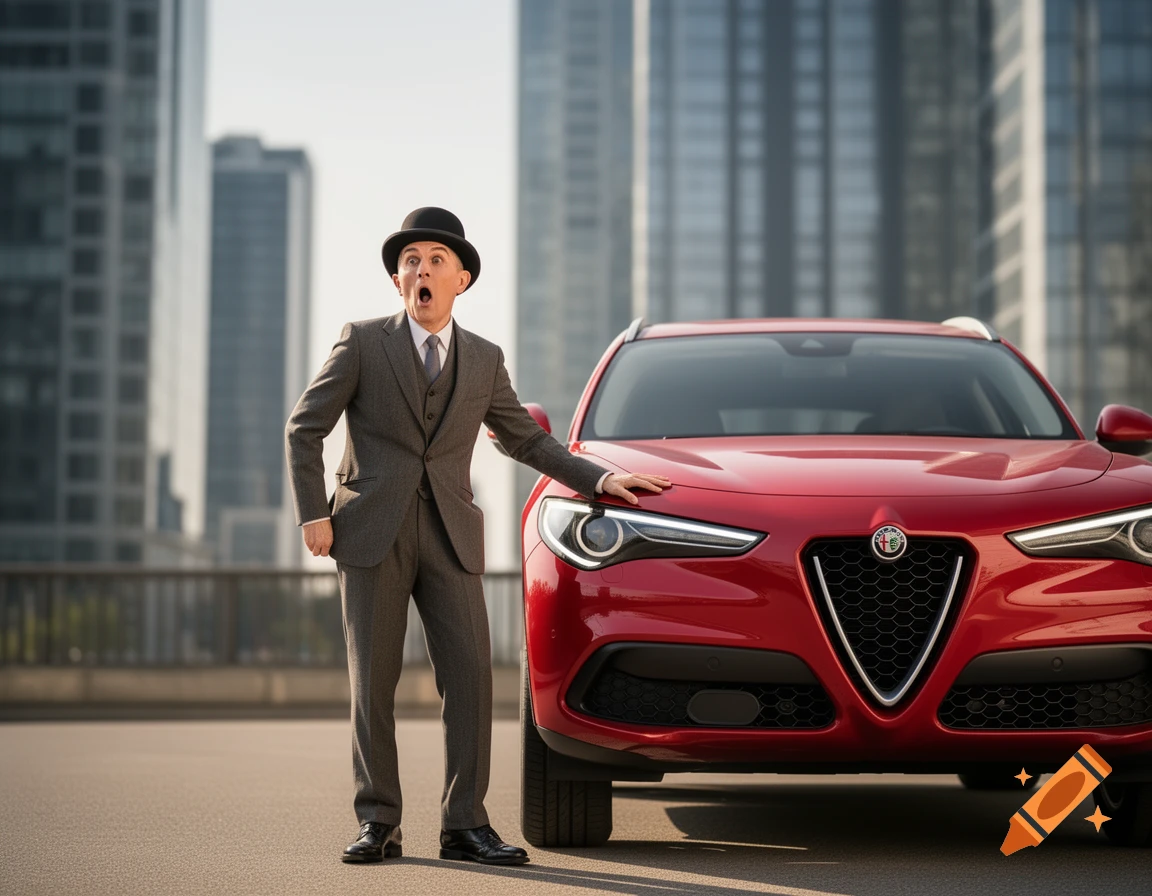 A surprised man in a gray suit and bowler hat poses next to a red Alfa Romeo Stelvio SUV in a modern city setting.