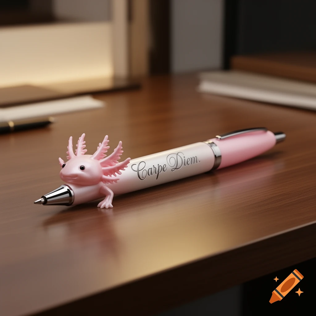 A pink and white pen with a small pink axolotl figure on top, inscribed with 'Carpe Diem', resting on a wooden desk.