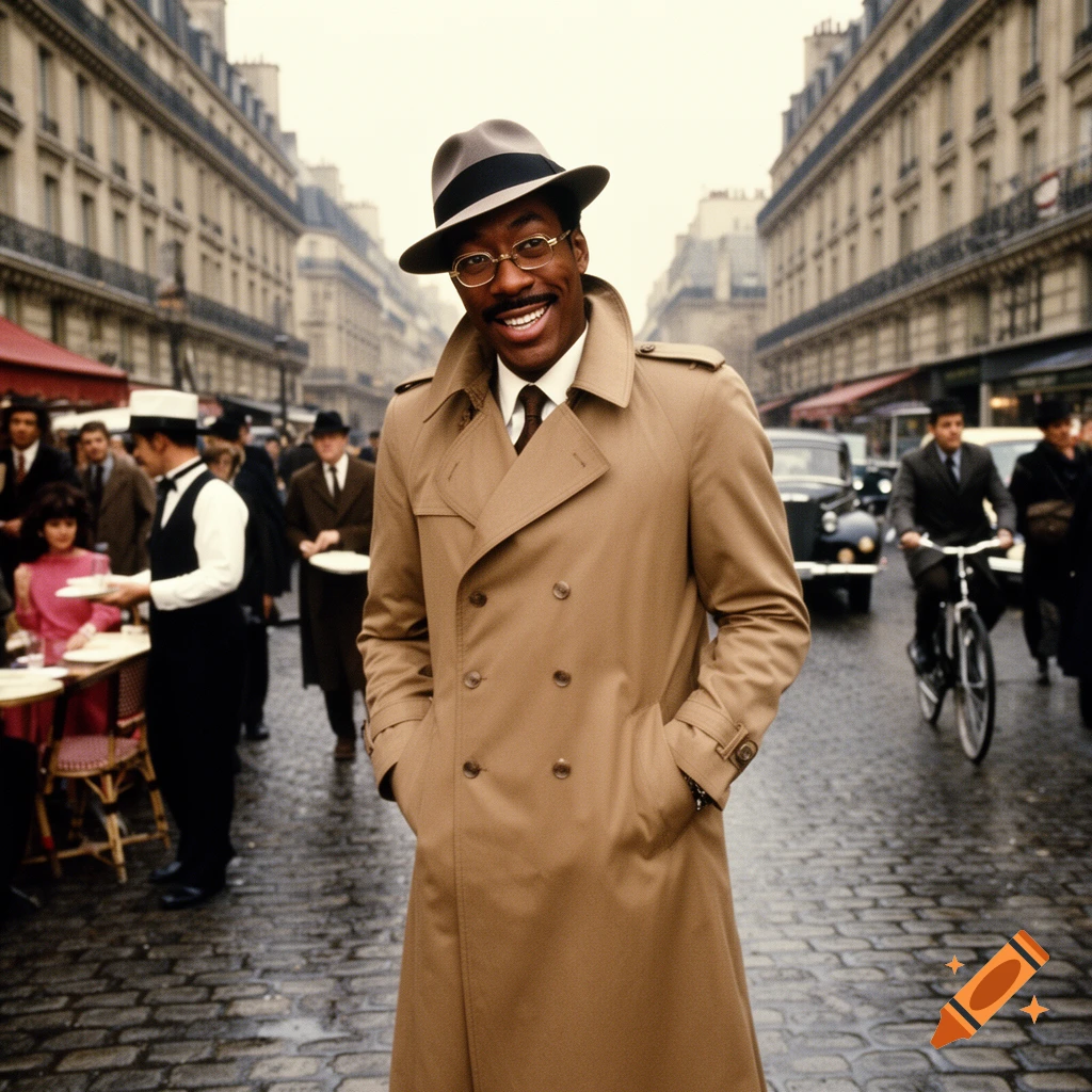 Eddie Murphy as Inspector Clouseau smiles in a trench coat and fedora on a cobblestone city street, photorealistic style.