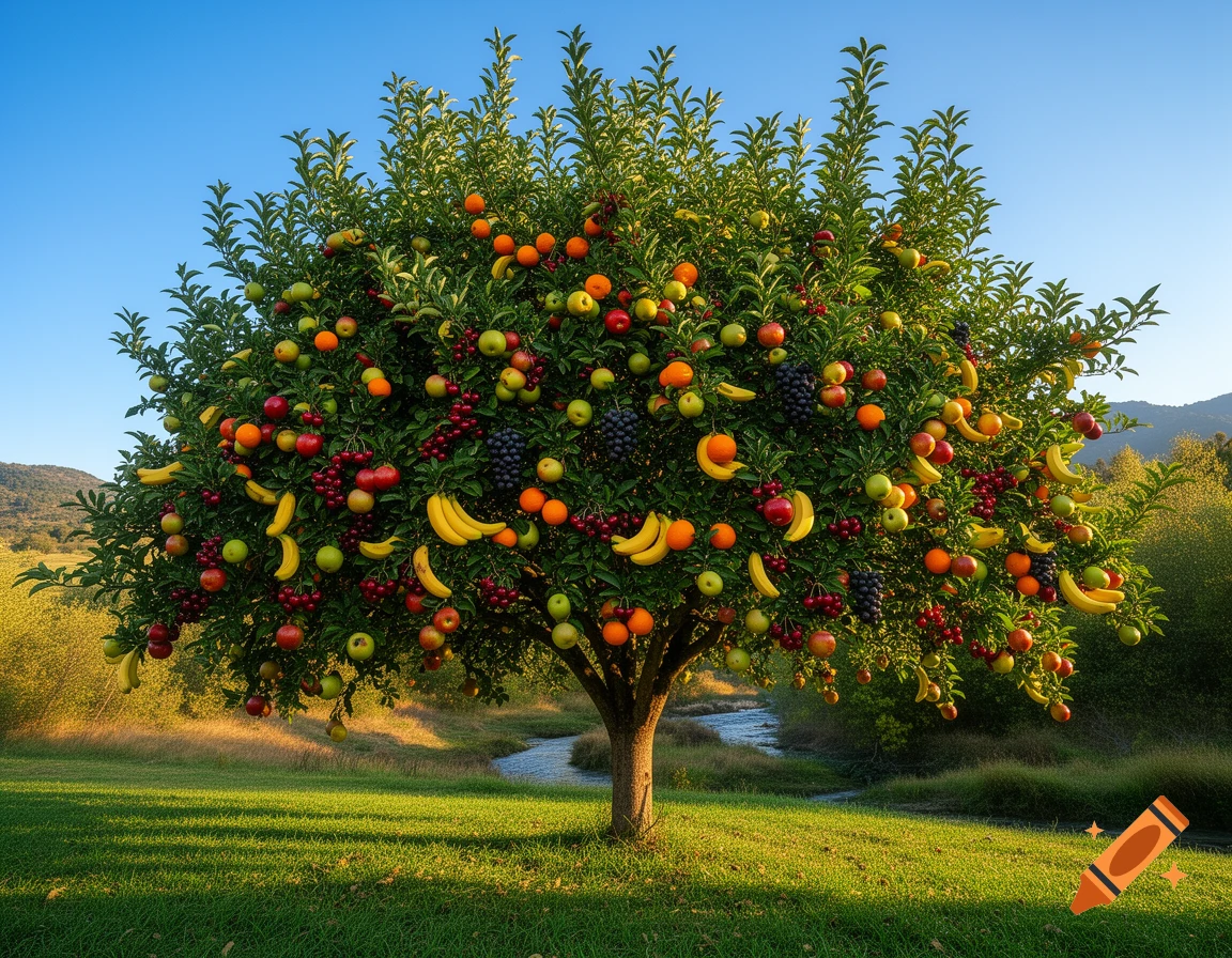 A vibrant, photorealistic tree stands in a sunny green field, heavily laden with an assortment of fruits including apples, bananas, oranges, cherries, and grapes, with a stream flowing in the background.