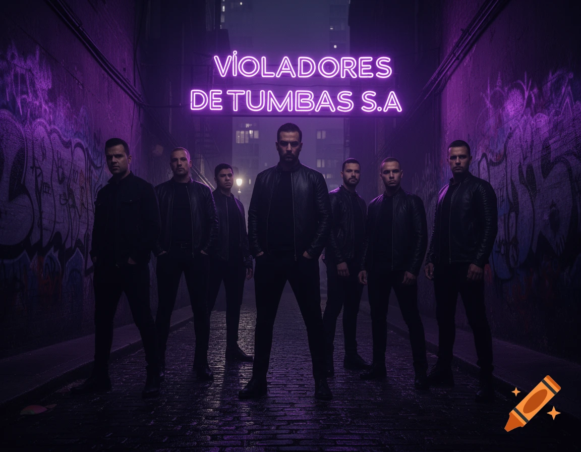 Six stern men in black clothing stand in a dark, graffiti-covered urban alley under a bright purple neon sign reading 'VIOLADORES DE TUMBAS S.A.'