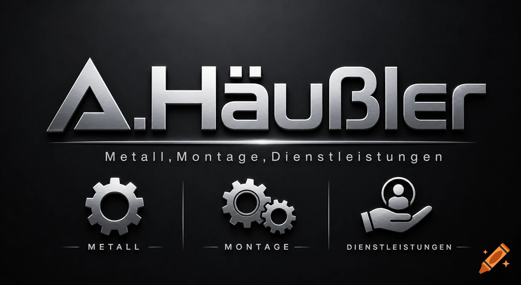 Metallic logo for A.Häußler with 'Metall, Montage, Dienstleistungen' text and icons of gears and a hand holding a person symbol on a dark background.