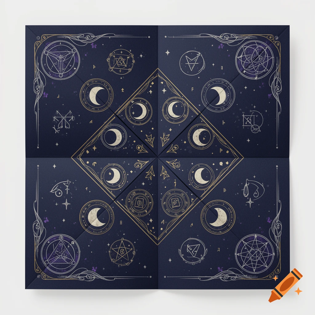 A top-down view of a dark blue paper fortune teller template with gold, silver, and purple mystical symbols and moon phases.
