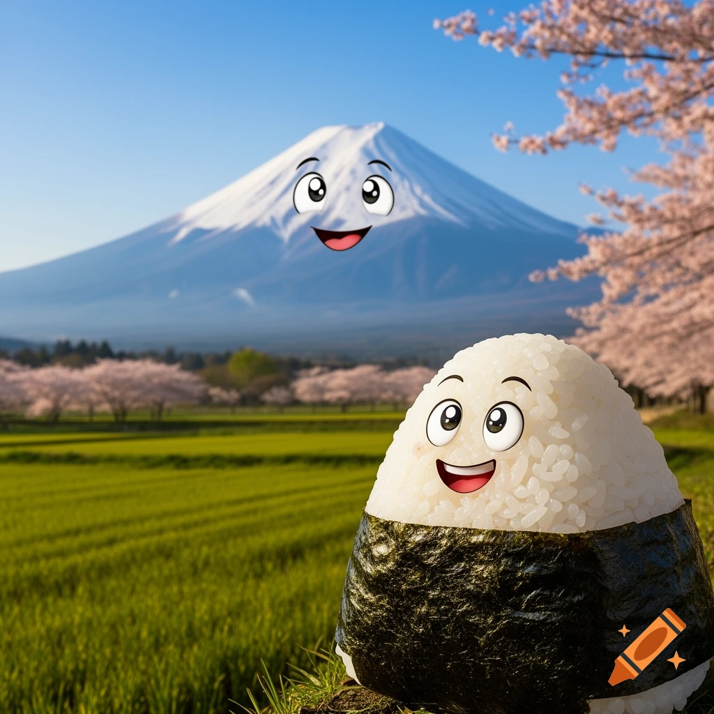 A smiling onigiri in a field with cherry blossoms, Mount Fuji with a smiling face in the background.