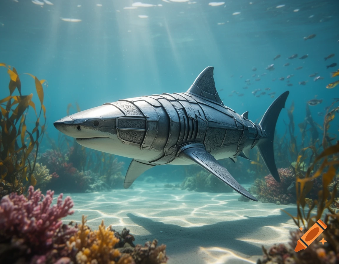 A majestic armored shark swims through a vibrant coral reef, bathed in shafts of sunlight from the surface.
