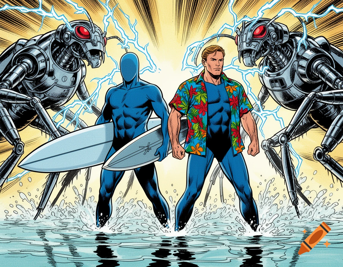 80s comic art of two superheroes, one with a surfboard, the other in a Hawaiian shirt, facing giant cyborg ants in water.