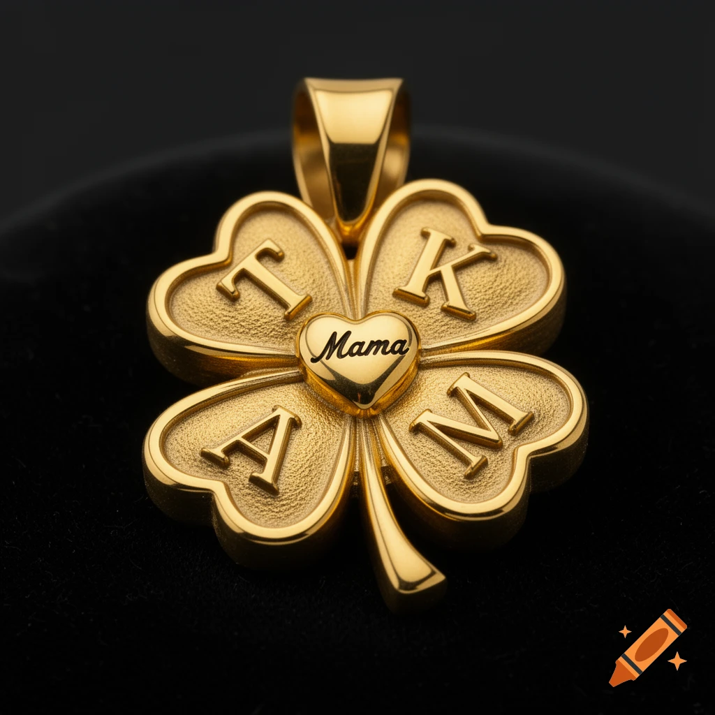 A shiny gold four-leaf clover pendant with letters T, K, A, M on the leaves and 'Mama' in a central heart.