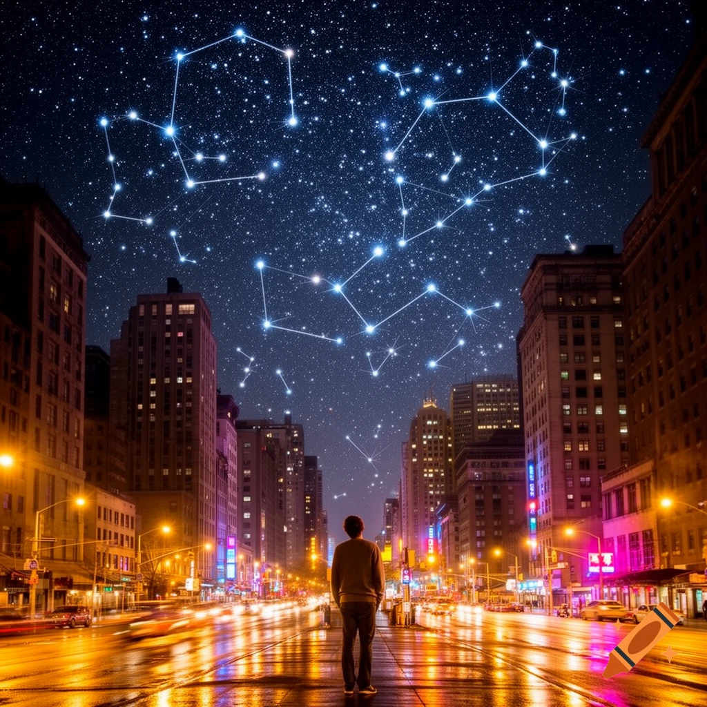 A person stands on a wet city street at night, looking up at a starry sky filled with bright constellations above tall buildings.