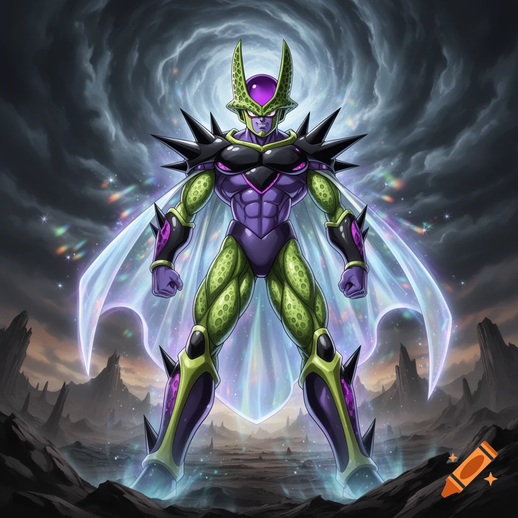 A powerful green and purple insectoid creature with a flowing ...