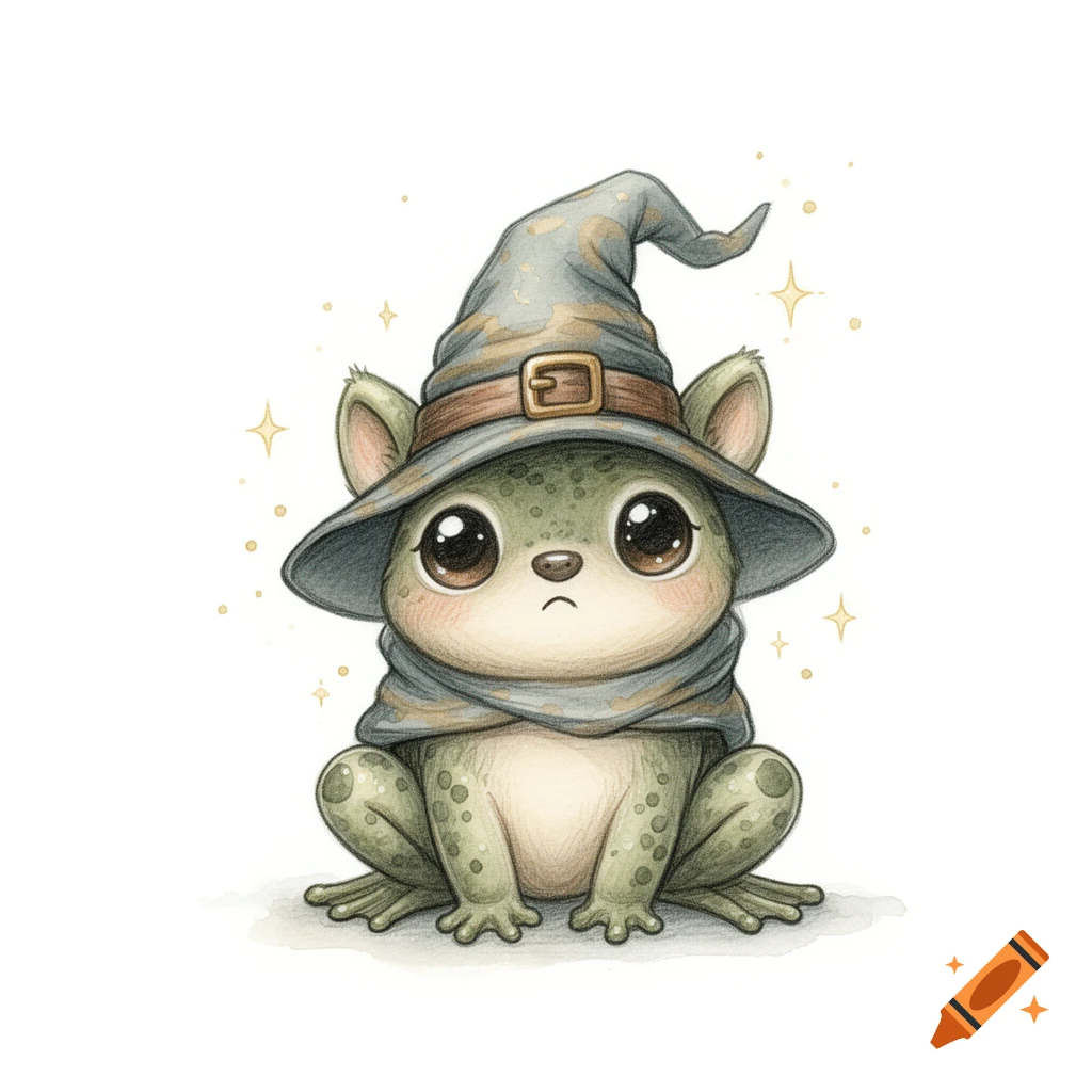 Cute watercolor illustration of a green, frog-like creature with large eyes, wearing a gray wizard hat and scarf, with subtle magical sparkles on a white background.