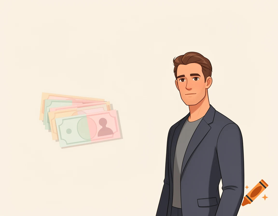 A cartoon man in a suit stands next to a stack of abstract, colorful money against a plain background.