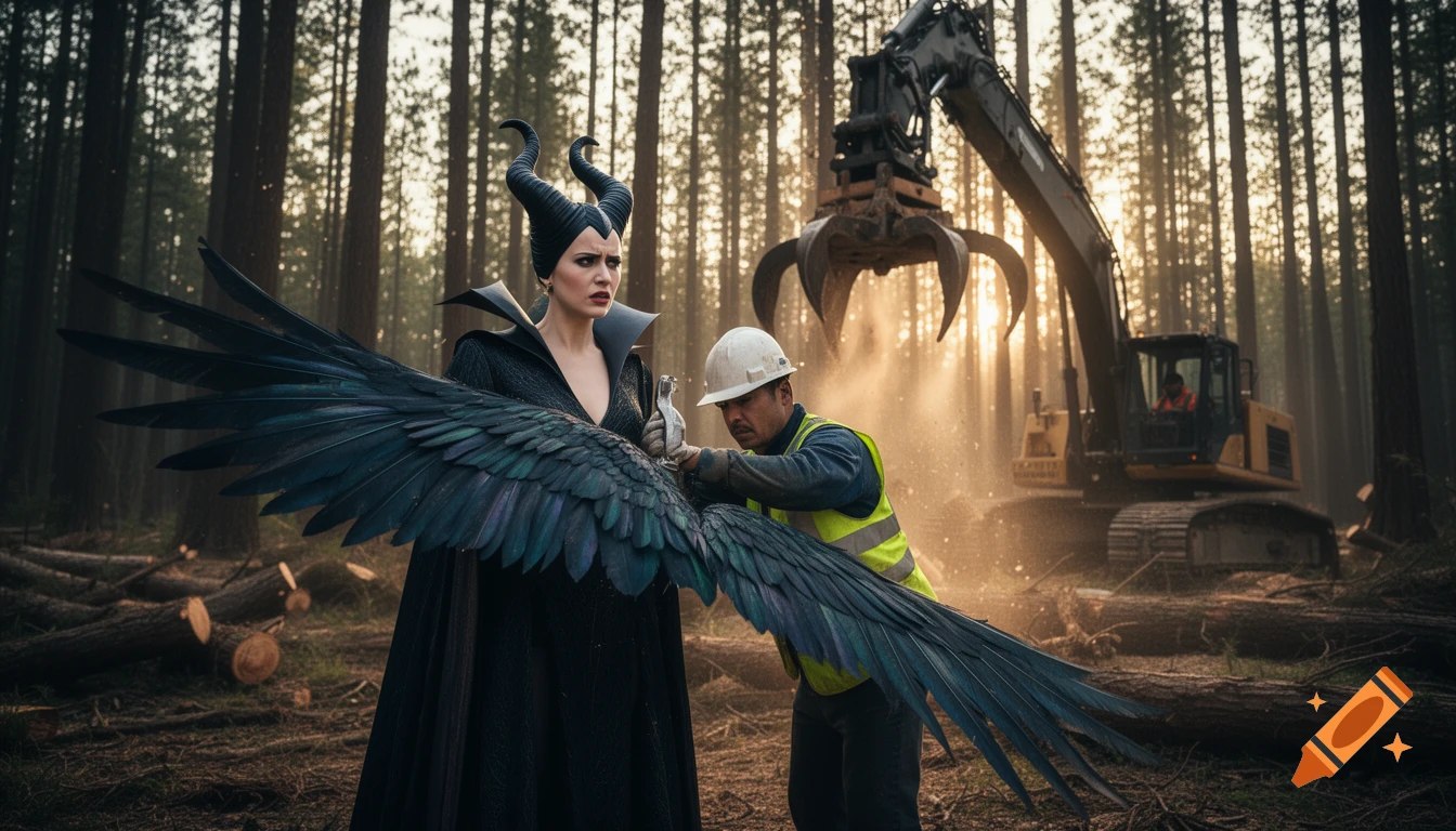 Maleficent looks on as a construction worker in a hard hat and vest tends to her large, black feathery wing in a deforested pine forest with an excavator in the background.