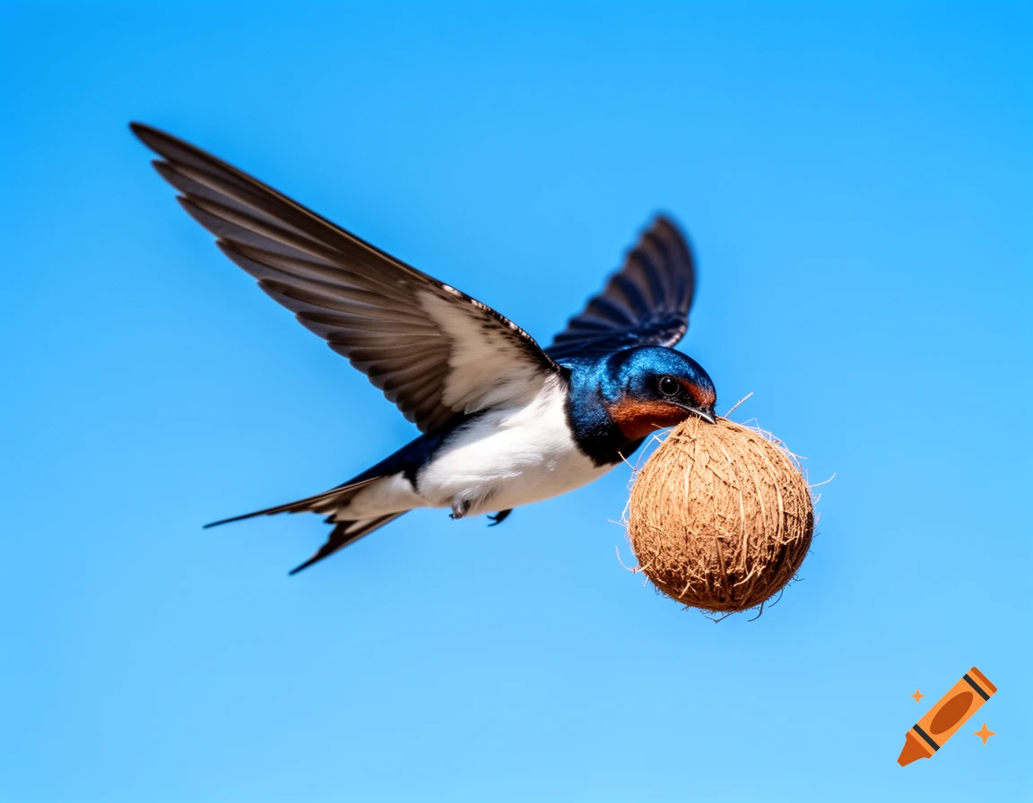 A colorful barn swallow flies against a clear blue sky, gripping a large brown coconut in its beak.