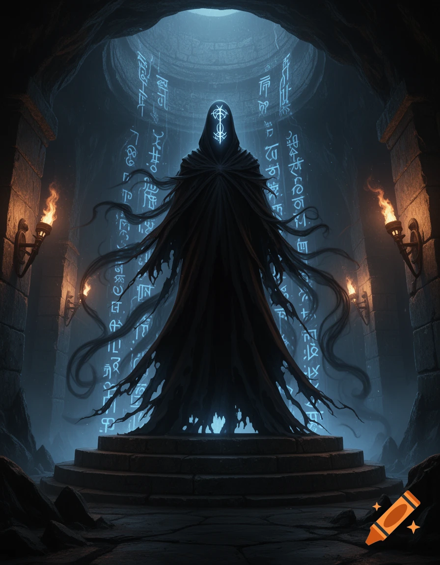 A dark, cloaked figure with a glowing symbol on its face stands on a stone platform in a mystical, torch-lit chamber with glowing blue runes on the walls.