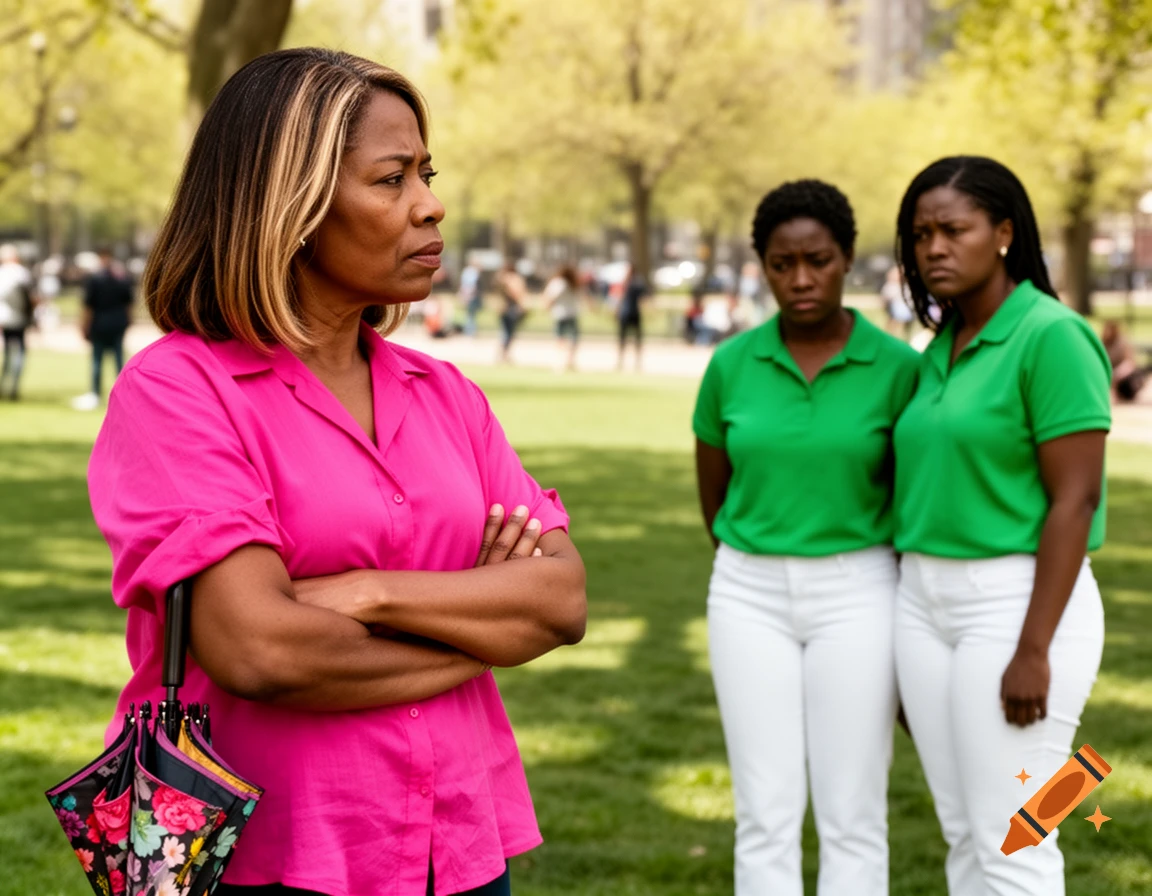 A middle-aged Black woman with blonde streaks in a pink shirt stands with crossed arms, looking away from two sad Black women in green shirts and white pants in a park.