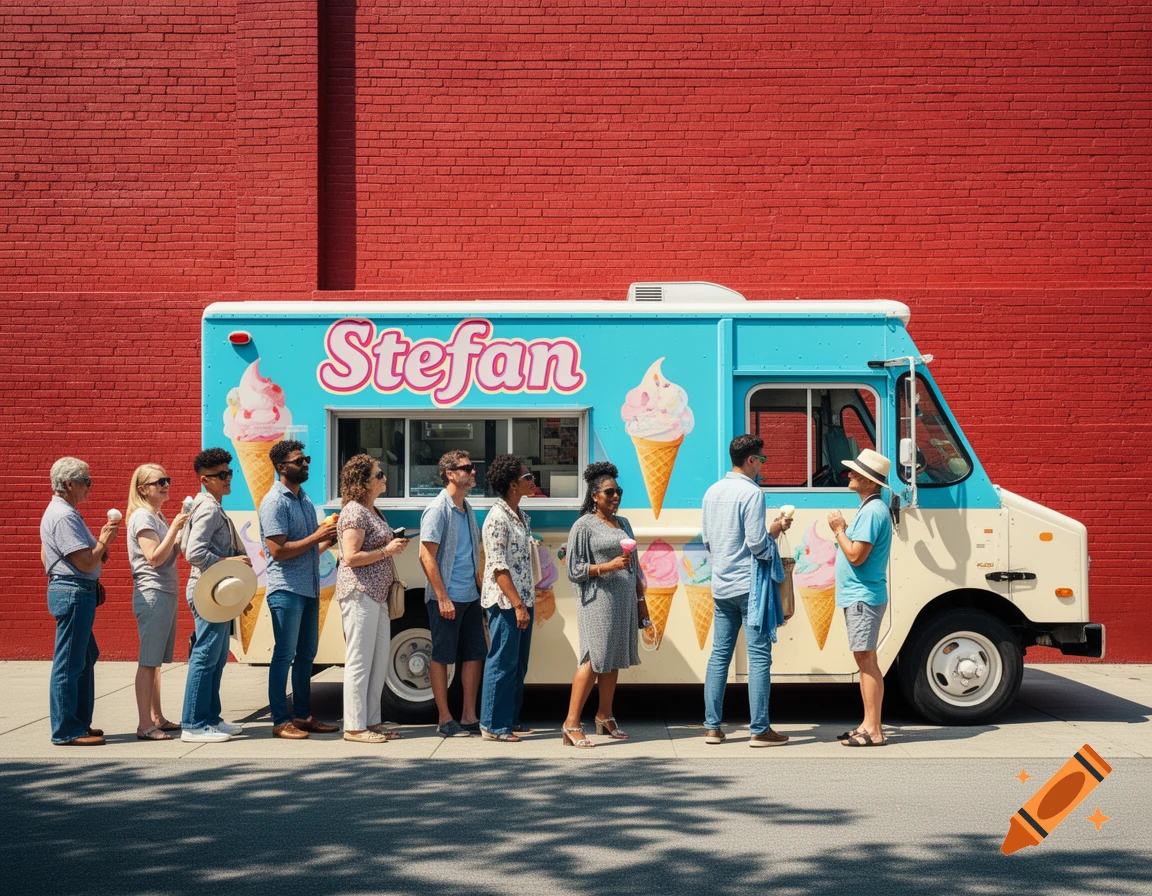 A line of diverse people waiting for ice cream from a blue and white truck named 'Stefan' against a red brick wall.