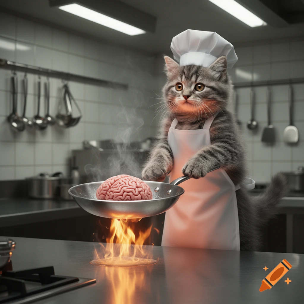 A cute kitten chef in an apron and hat fries a brain in a pan with fire in a professional kitchen.