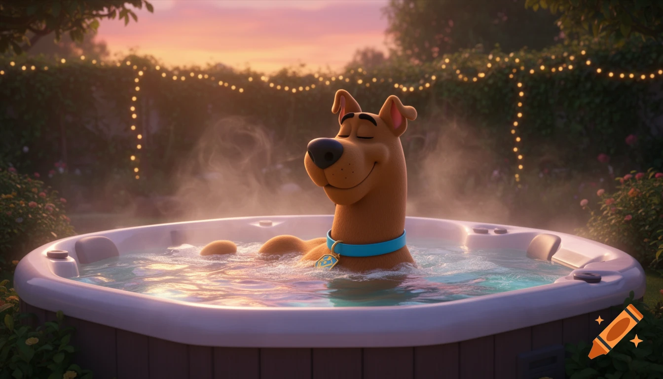 Scooby-Doo relaxing with eyes closed in a steaming hot tub at sunset, surrounded by fairy lights and greenery, in 3D animation.