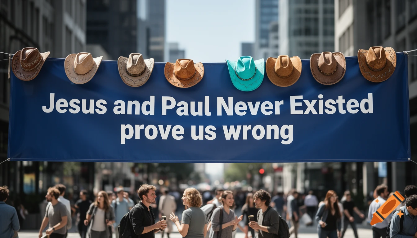 A blue banner reading "Jesus and Paul Never Existed prove us wrong" with cowboy hats hanging above, over a busy city street.