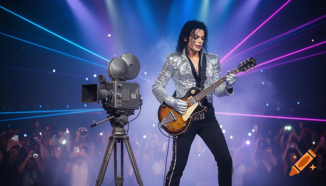 Michael Jackson performs on stage, playing a guitar with silver gloves and a sequined jacket, with an old film camera on a tripod in the foreground and a blurred audience in the background.