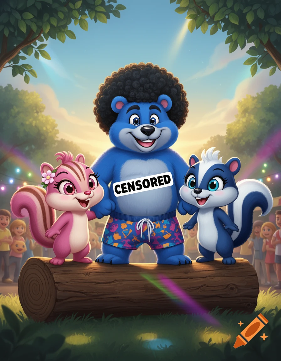 Three cartoon forest animals, a blue bear with an afro and swim trunks, a pink chipmunk, and a blue skunk, stand on a log in a park with a "CENSORED" bar on the bear's chest.