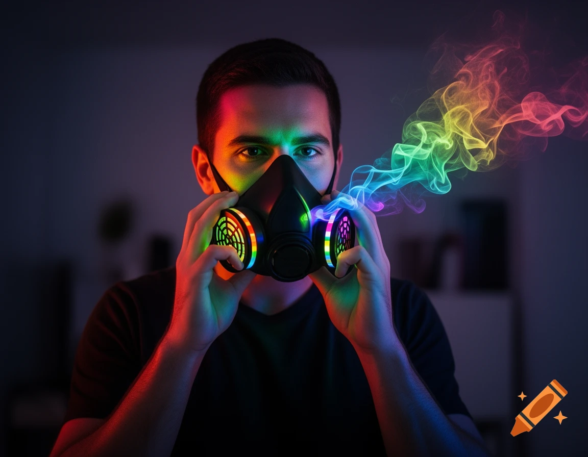 A man holds a black half-face respirator mask with glowing rainbow accents, exhaling vibrant rainbow smoke.