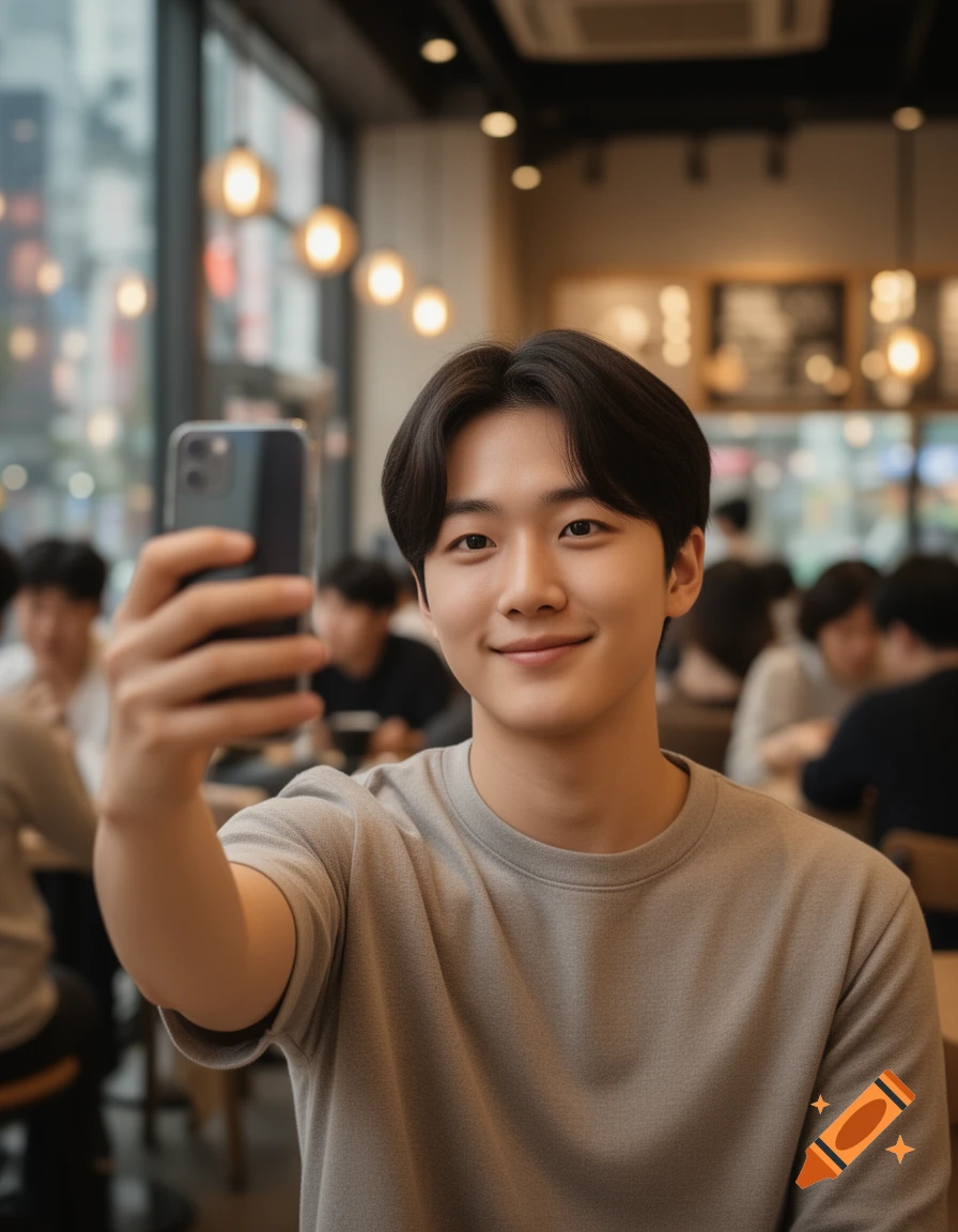 A smiling young Asian man in a grey t-shirt takes a selfie with his phone in a bustling cafe.