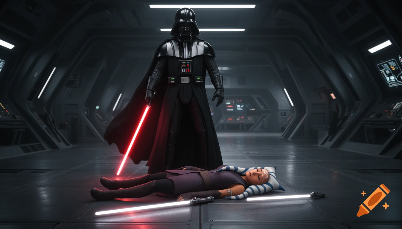 Darth Vader stands over a defeated Ahsoka Tano in a futuristic spaceship corridor, holding his red lightsaber while her white lightsaber lies nearby.