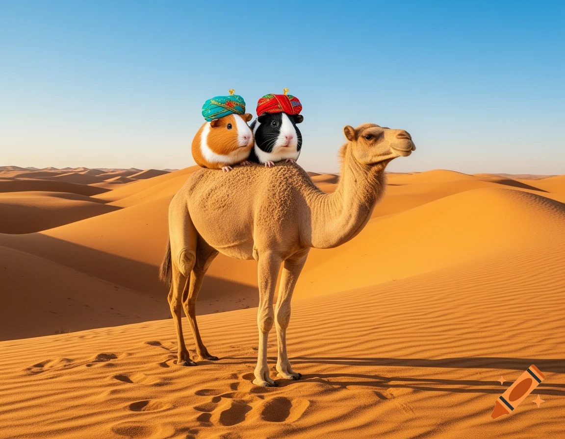 Two cute guinea pigs wearing colorful turbans ride on a camel in a vast, sunny desert landscape with rolling sand dunes.