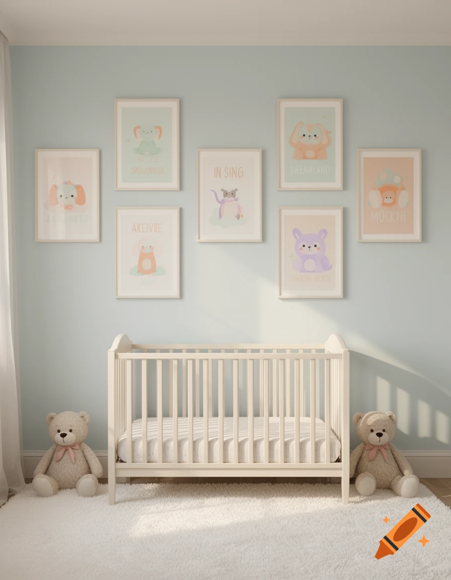 A cozy baby nursery with a white crib, two teddy bears, and seven framed pastel animal posters on a light blue wall.