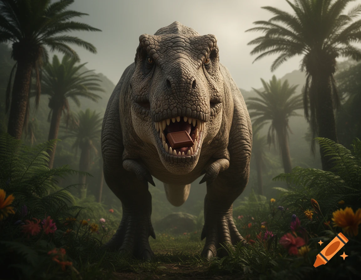 A photorealistic T-Rex stands in a misty jungle, mouth open with a chocolate bar, staring forward.