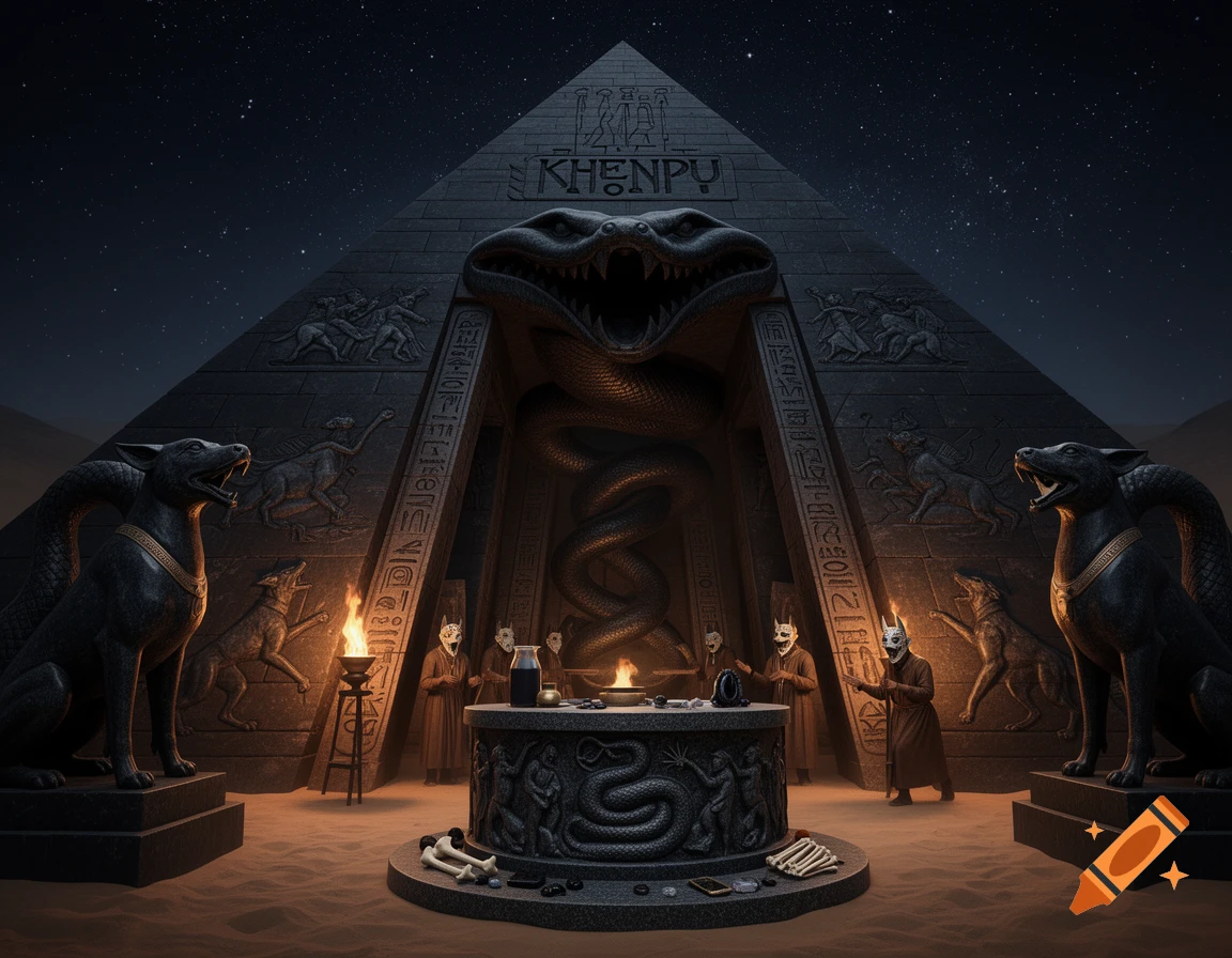 A mystical, dark pyramid temple with a serpent's mouth entrance, flanked by jackal-like statues under a starry night sky. Masked figures perform a ritual at an altar with bones.