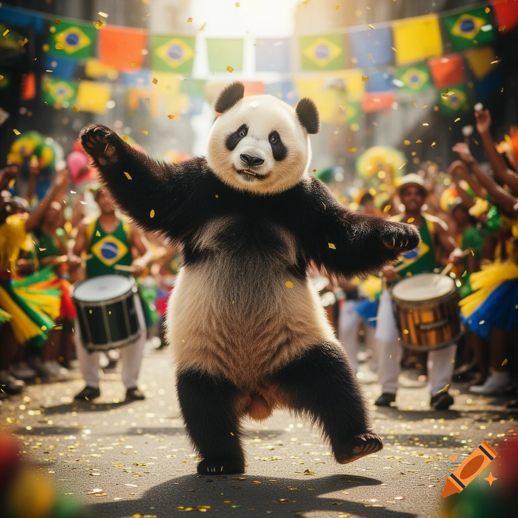 A panda dances samba on a confetti-strewn street, with Brazilian flags and blurred people playing drums in the background.