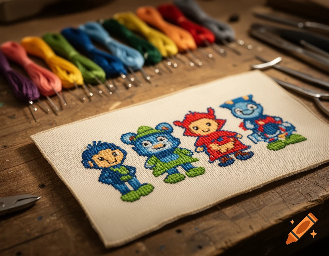 Cross-stitch embroidery featuring four colorful cartoon characters, with embroidery threads and needles on a wooden table.